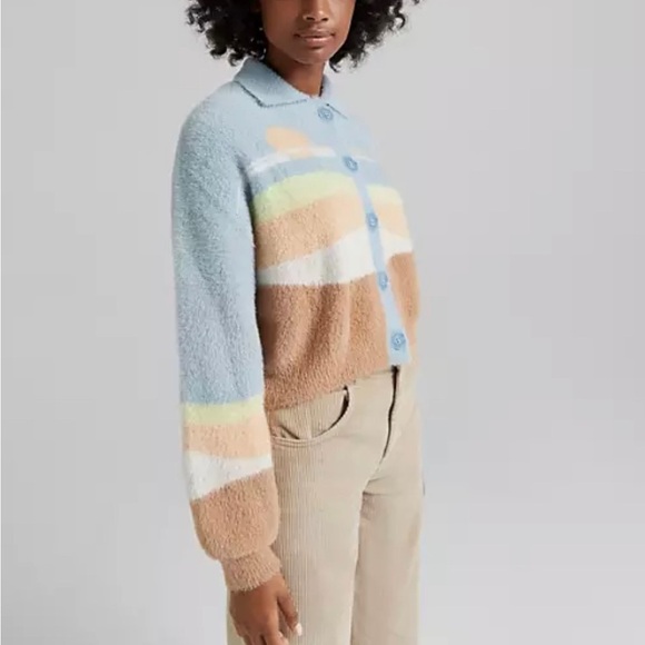 Bershka Fuzzy Sunset Cropped Collared Cardigan - Picture 1 of 9